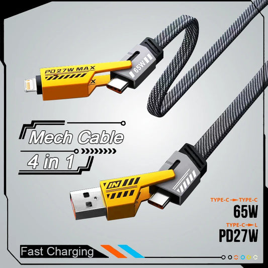 Mecha 4-in-1 Fast Charging Cable – PD 65W Multi-Port Data Cable for iPhone, Samsung & Xiaomi