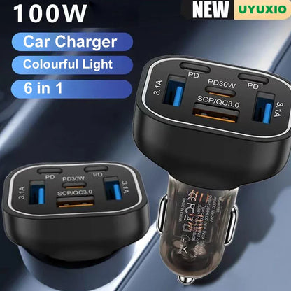 UYUXIO 6-in-1 USB-C Car Charger – Super Fast 30W Charging for All Your Devices