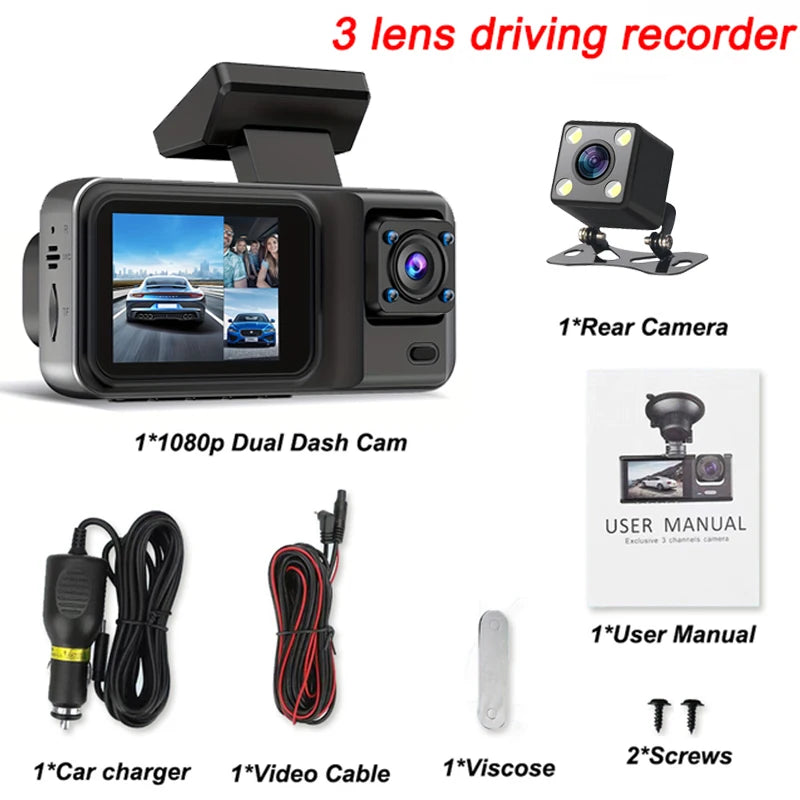 DriveGuard 3X – 3-Channel Dash Cam with Full HD Recording & Rear View Camera