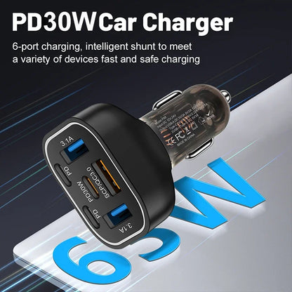 UYUXIO 6-in-1 USB-C Car Charger – Super Fast 30W Charging for All Your Devices