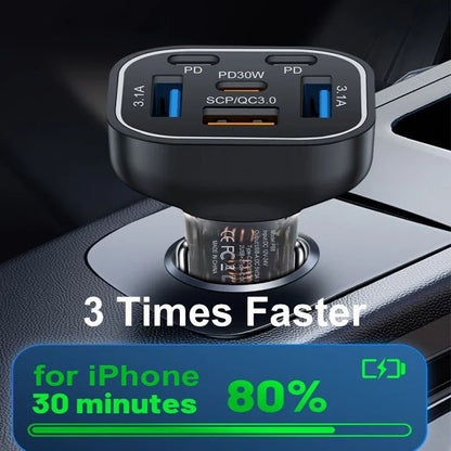 UYUXIO 6-in-1 USB-C Car Charger – Super Fast 30W Charging for All Your Devices