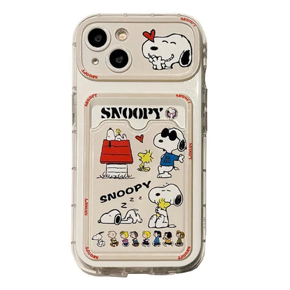 Snoopy Cartoon Phone Case – Soft TPU Cover with Card Holder & Lanyard for iPhone