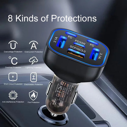 UYUXIO 6-in-1 USB-C Car Charger – Super Fast 30W Charging for All Your Devices