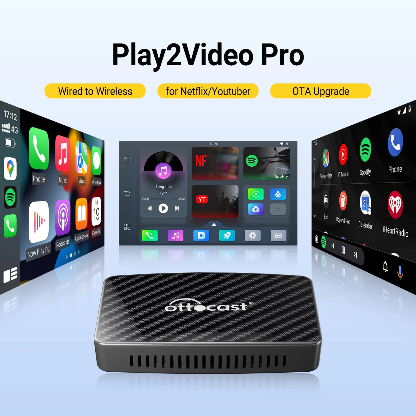 OTTOCAST Play2Video Pro – Wireless CarPlay & Android Auto Adapter with Streaming