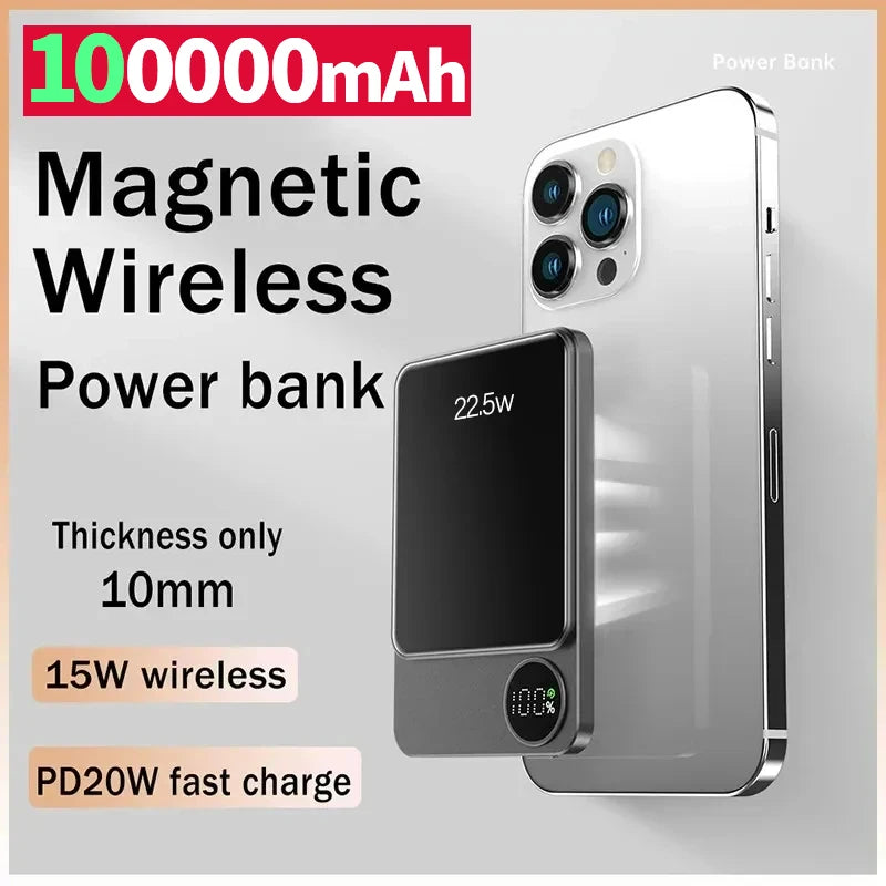 Magnetic Wireless Power Bank – 100000mAh Portable Fast Charger with USB-C for MagSafe Phones